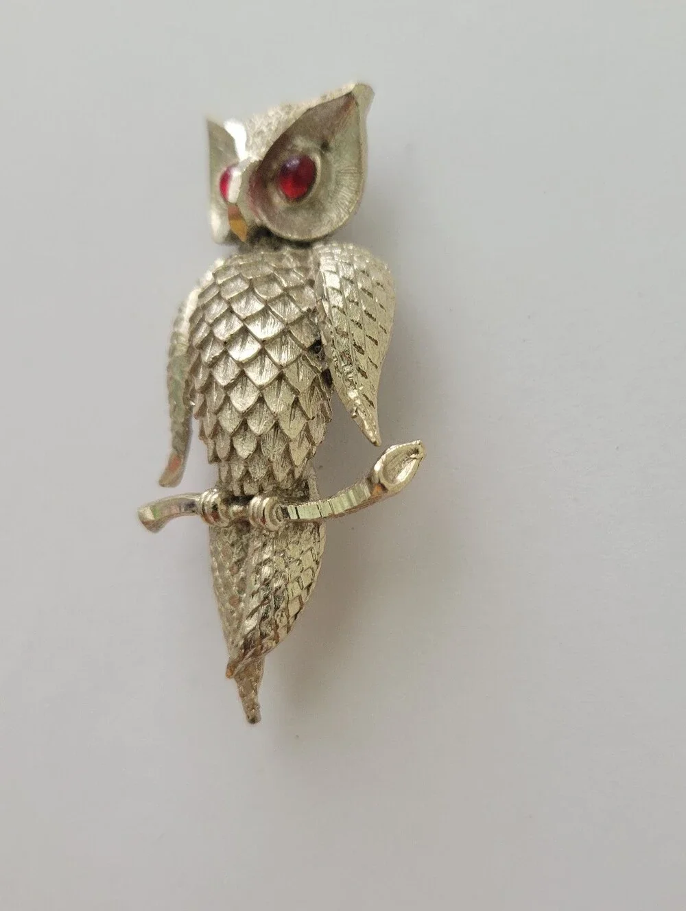 Vintage Signed BSK Gold-tone Owl Brooch W/ Red Glass Eyes